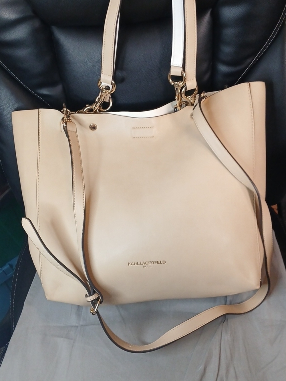 Karl Lagerfeld Cream & White Vegan Leather Reversible Tote with Matching Clutch